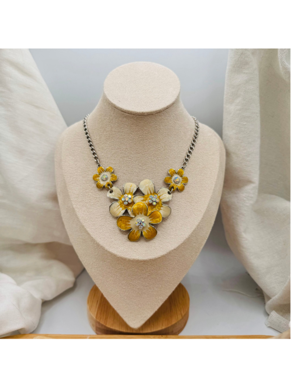 Yellow & Cream Enamel Flower Rhinestone Statement Necklace